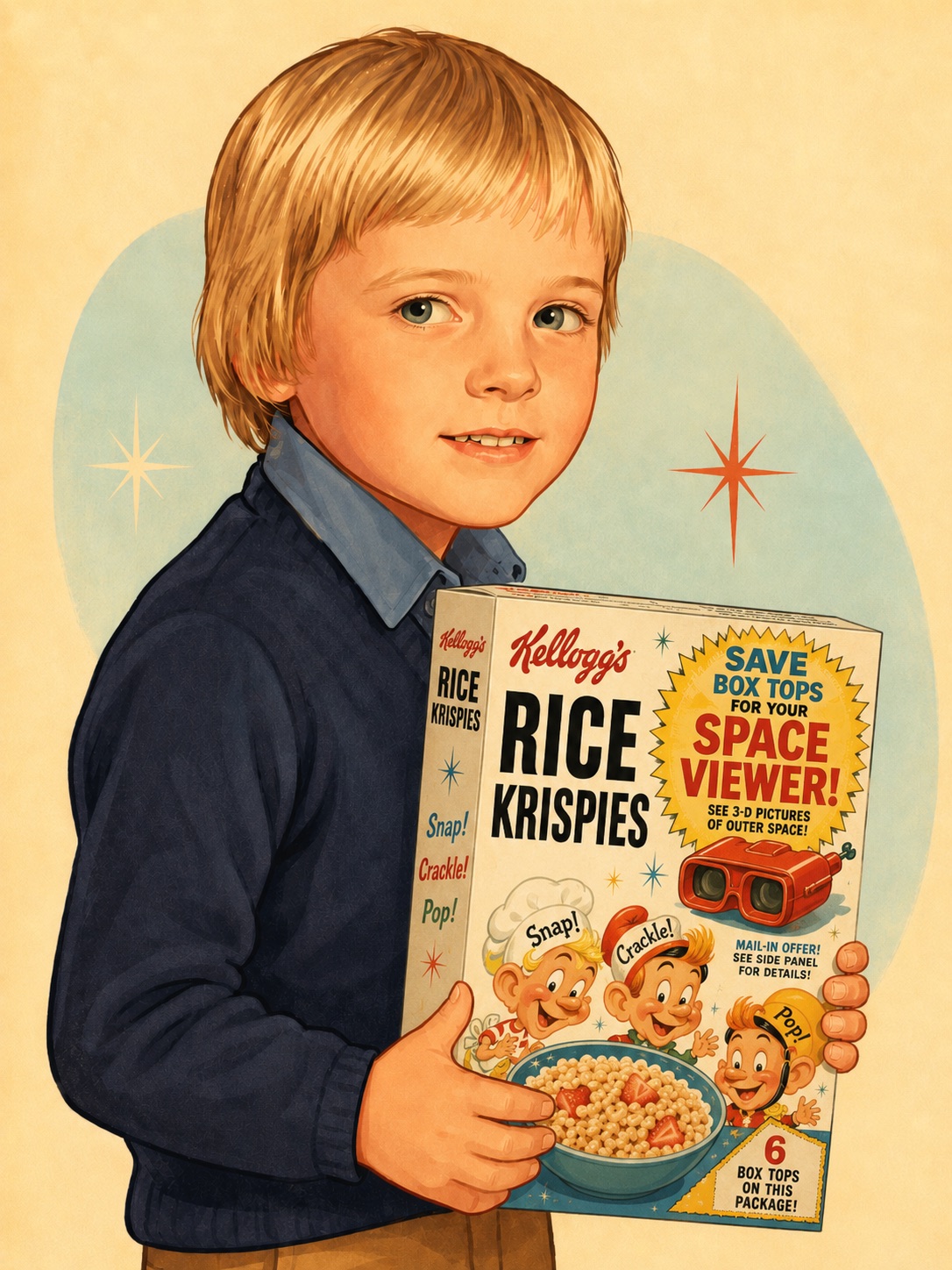 A 1960s child clutching a Kellogg's Rice Krispies box that promises a Space Viewer for saved box tops.