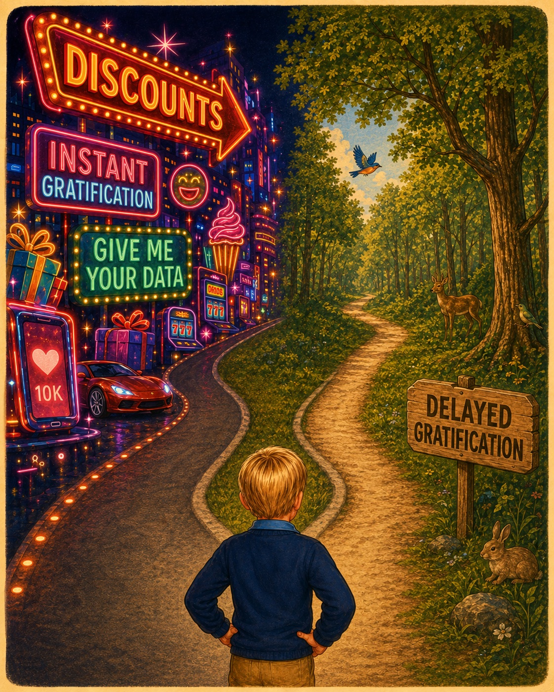 A child at a fork in the road: neon 'instant gratification, give me your data' city on one side, a quiet 'delayed gratification' forest path on the other.