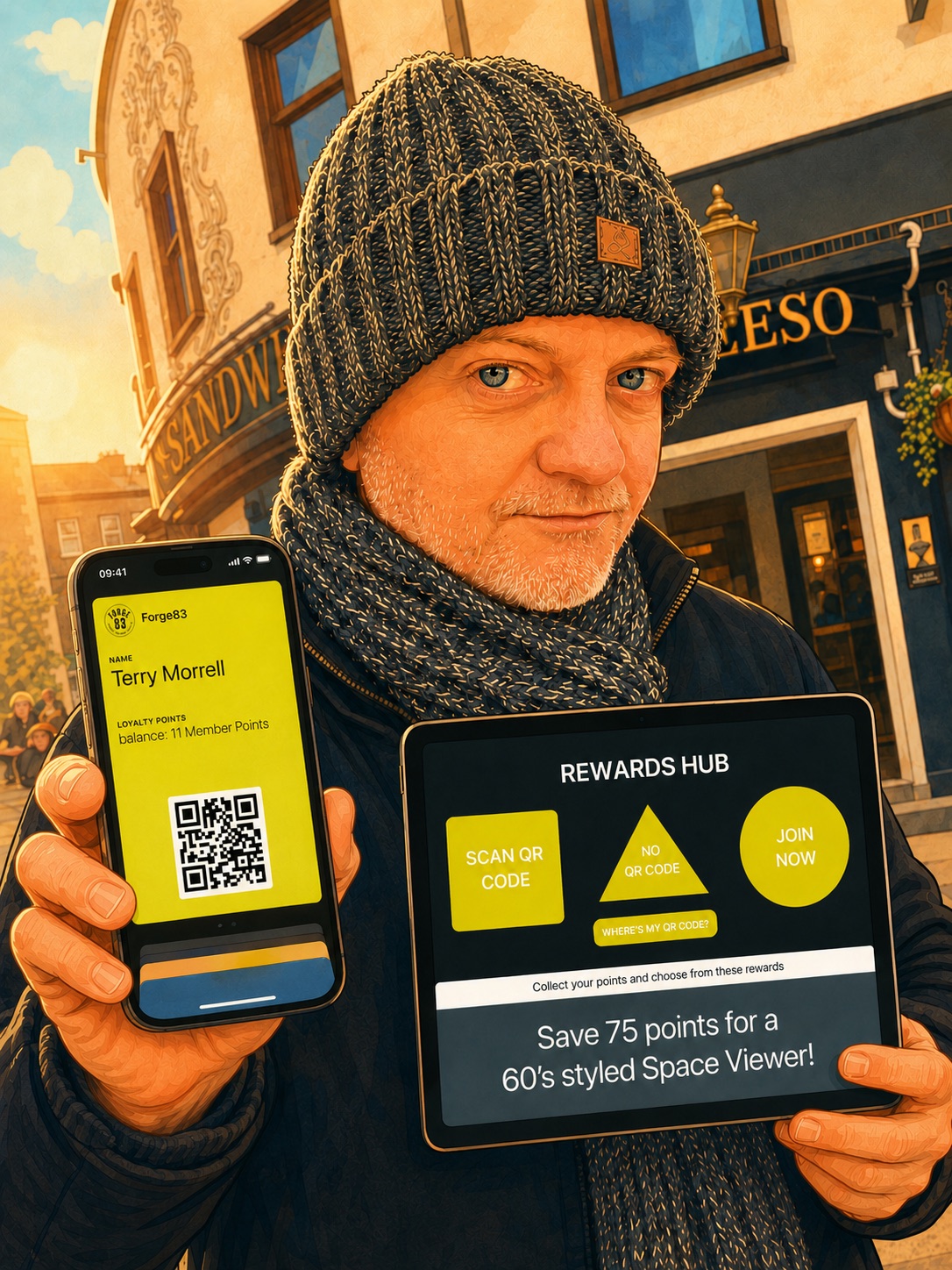 A man holding a phone with an Apple Wallet loyalty pass and a tablet showing the Rewards Hub kiosk with Scan, Join and reward options.